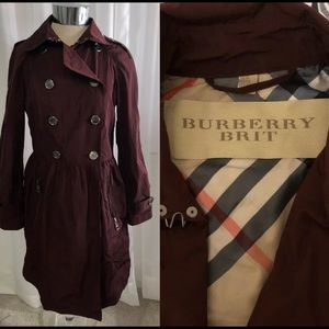 Women’s Burberry Brit maroon long jacket size 8